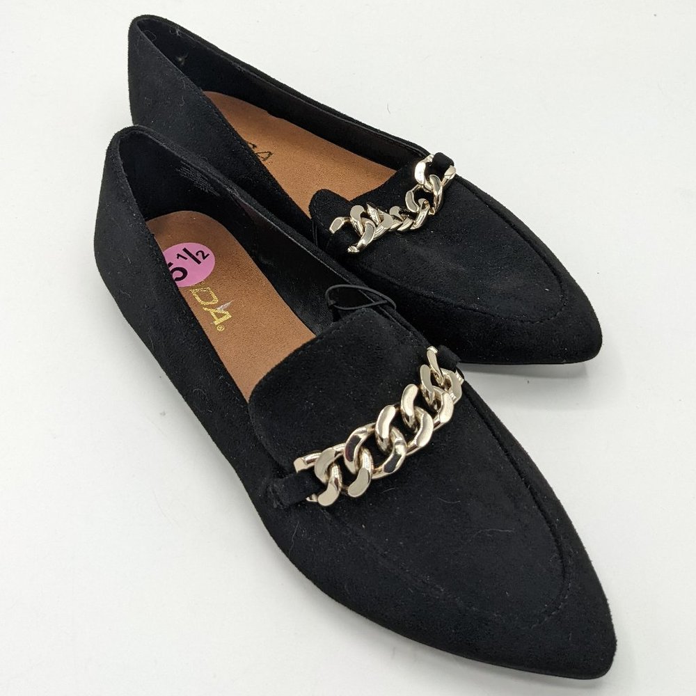 Soda Faux Suede Gold Chain Detailed Black Loafer Flat